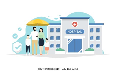 Protection family health insurance concept, Family standing under umbrella with hospital, Digital marketing illustration.