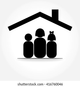 Protection of the family under the roof of the house. The concept of care, love. Mother,son, daughter together. Family - Icon, Logo.  Vector image.