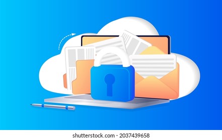 Protection of files, information. Computer protection, antivirus. Updating devices. Banner with Lock sign on computer screen. Database with cloud server, Data set, process, classification. Web