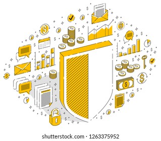 Protection of finances concept, financial safety, Life Buoy and Shield isolated on white background. Vector 3d isometric business illustration with icons, stats charts and design elements.