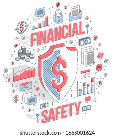 Protection of finances concept, financial safety, Life Buoy and Shield isolated on white background. Vector 3d isometric business illustration with icons, stats charts and design elements.