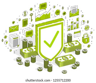 Protection of finances concept, Life Buoy and Shield with cash money dollar stack isolated on white background. Isometric 3d vector finance illustration with icons, stats charts and design elements.