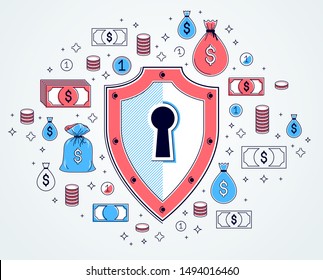 Protection of finances concept, Life Buoy and Shield with cash money dollar stack isolated on white background. Isometric 3d vector finance illustration with icons, stats charts and design elements.