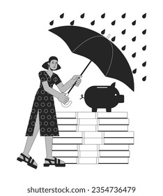 Protection from financial risks bw concept vector spot illustration. Woman covering savings from rain 2D cartoon flat line monochromatic on white for web UI design. Editable isolated color hero image