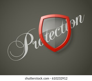 Protection font & transparent shield concept. Safety badge icon. Privacy banner. Security label. Defense tag. Presentation sticker shape. Vector illustration background