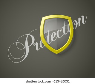 Protection font & transparent shield concept. Safety badge icon. Privacy banner. Security label. Defense tag. Presentation sticker shape. Vector illustration background