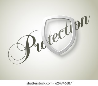Protection font & transparent shield concept. Safety badge icon. Privacy banner. Security label. Defense tag. Presentation sticker shape. Vector illustration background