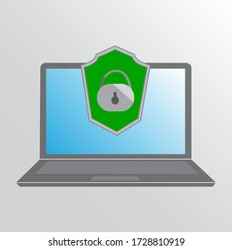 Protection in the form of a shield on a laptop. Internet security provided by antivirus. Icon of data security from the virus. Complete confidentiality of data. Vector illustration. Stock Photo.