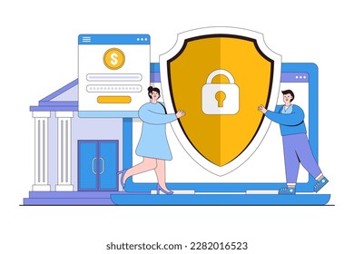 Protection funds from electronic banking system concept. Man and woman protecting bank account. Outline design style minimal vector illustration for landing page, web banner, hero images.