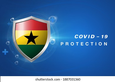 Protection Ghana flag Coronavirus COVID-19 on dark background. Novel Coronavirus COVID-19. COVID-19 COVID-19