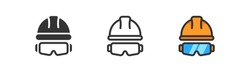 Protection Glasses And Hardhat Icon On Light Background. Safety First Symbol. Worker, Builder, Helmet, Manufacture, Engineer, Personal Protect. Outline, Flat And Colored Style. Flat Design. 