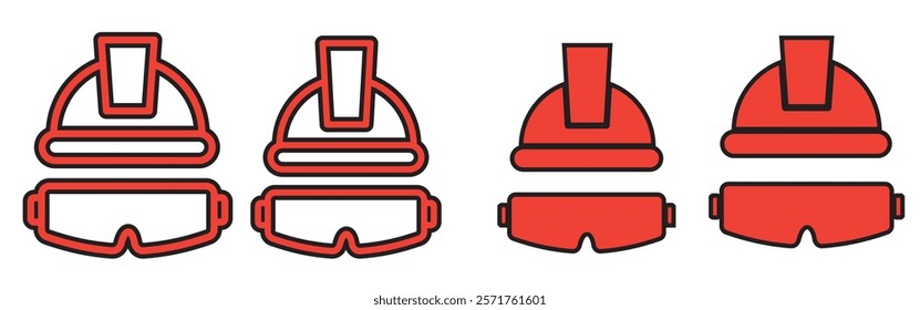 Protection glasses and hardhat icon on light background. Safety first symbol. Worker, builder, helmet, manufacture, engineer, personal protect. Outline, flat and colored style. Flat design.