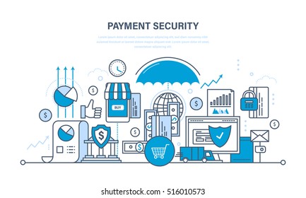 Proteção, garantia de garantia de pagamento, finanças, depósitos em dinheiro, seguros, compras e transferências de dinheiro, análise de finanças. Desenho de linha fina de ilustração de doodles vetoriais, elementos infográficos.