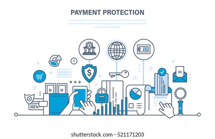 Protection, guarantee payment security, finance, cash deposits, purchases and money transfers, analysis of finance. Illustration thin line design of vector doodles, infographics elements.