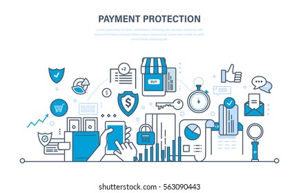 Protection, guarantee payment security, finance, cash deposits, purchases and money transfers, analysis of finance. Illustration thin line design of vector doodles, infographics elements.