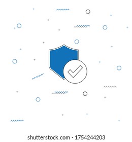Schutzgarantie für dünne Linie Symbol. Minimalistische Genehmigte verwandte Vektorgrafiken. Schild mit Kontrollsymbol. Muster Design mit blauen Kreise und Linien. Bearbeitbarer Stroke. Pixel perfekt.
