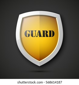 Protection guard shield concept. Safety badge icon. Privacy banner. Security label. Defense tag. Presentation sticker shape. Defense safeguard sign. Vector illustration