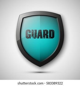 Protection guard shield concept. Safety badge icon. Privacy banner. Security label. Defense tag. Presentation sticker shape. Defense safeguard sign. Vector illustration