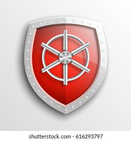 Protection guard shield concept with safety handwheel. Safety badge helm icon. Privacy Safe door handle banner. Security bright label. Presentation shining sticker shape. Defense safeguard sign