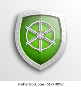 Protection guard shield concept with safety handwheel. Safety badge helm icon. Privacy Safe door handle banner. Security bright label. Presentation shining sticker shape. Defense safeguard sign