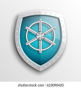 Protection guard shield concept with safety handwheel. Safety badge helm icon. Privacy Safe door handle banner. Security bright label. Presentation shining sticker shape. Defense safeguard sign