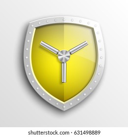 Protection guard shield concept with safety handwheel. Safety badge helm icon. Privacy Safe door handle banner. Security bright label. Presentation shining sticker shield shape. Defense safeguard sign