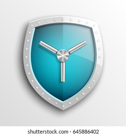 Protection guard shield concept with safety handwheel. Safety badge helm icon. Privacy Safe door handle banner. Security bright label. Presentation shining sticker shield shape. Defense safeguard sign