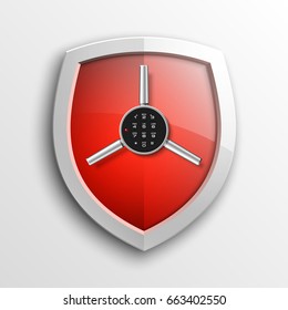Protection guard shield concept with safety handwheel. Safety badge helm icon. Privacy Safe door handle banner. Security bright label. Presentation shining sticker shield shape. Defense safeguard sign