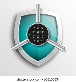 Protection guard shield concept with safety handwheel. Privacy Safe door handle banner. Presentation shining sticker shield shape. Defense safeguard sign