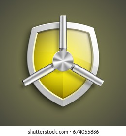 Protection guard shield concept with safety handwheel. Safety badge helm icon. Privacy Safe door handle banner. Security bright label. Presentation shining sticker shield shape. Defense safeguard sign