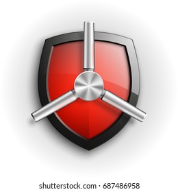 Protection guard shield concept with safety handwheel. Safety badge helm icon. Privacy Safe door handle banner. Security bright label. Presentation shining sticker shield shape. Defense safeguard sign