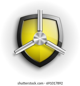 Protection guard shield concept with safety handwheel. Safety badge helm icon. Privacy Safe door handle banner. Security bright label. Presentation shining sticker shield shape. Defense safeguard sign