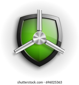 Protection guard shield concept with safety handwheel. Safety badge helm icon. Privacy Safe door handle banner. Security bright label. Presentation shining sticker shield shape. Defense safeguard sign