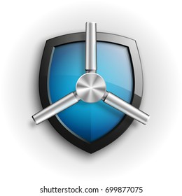 Protection guard shield concept with safety handwheel. Safety badge helm icon. Privacy Safe door handle banner. Security bright label. Presentation shining sticker shield shape. Defense safeguard sign