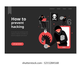 Protection from hacker attacks web page with menu on black background flat vector illustration
