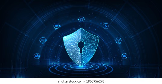 Protection from hacker and virus attack. Security shield icon digital display over on dark blue background.Technology for online data access defense against hacker and virus.Internet security concept.