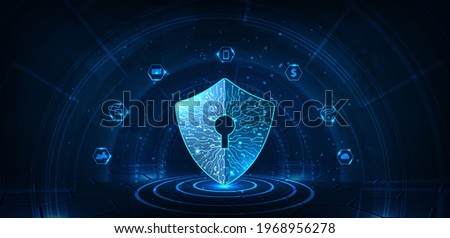 Protection from hacker and virus attack. Security shield icon digital display over on dark blue background.Technology for online data access defense against hacker and virus.Internet security concept.