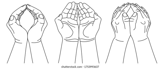 Protection hand gestures of two hand palms together on various positions. Concept of cover, hide, secret and care. Vector illustration in outline style isolated on white background.