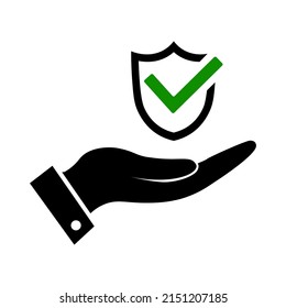 Protection hand icon. Abstract security sign. Hand and shield with a tick inside shield symbol in flat style. Mark approved icon. Guard shield icon with tick Vector illustration for graphic design