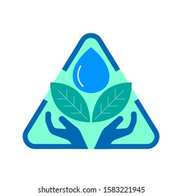 Protection hand, leaves and water drop in triangle shape. Environmental protection concept. Vector illustration outline flat design style.