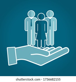 Trabajadores de la mano de protección, vector. Encontrando un trabajo. Empresario de liderazgo