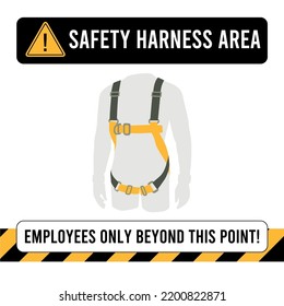 Protection Harness Area construction safety poster or sign template. Vector illustration of yellow safety harness, striped band and warning emblem.