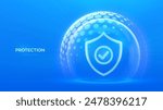 Protection. Healthcare. Insurance. Cyber security. Network safety. Protection shield with Check mark icon inside transparent sphere shield with hexagon pattern on blue background. Vector illustration.