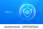 Protection. Healthcare. Insurance. Cyber security. Network safety. Protection shield with Check mark icon inside transparent sphere shield with hexagon pattern on blue background. Vector illustration.