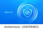 Protection. Healthcare. Insurance. Cyber security. Network safety. Protection shield with Check mark icon inside transparent sphere shield with hexagon pattern on blue background. Vector illustration.