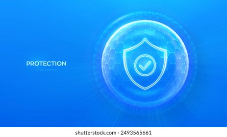 Protection. Healthcare. Insurance. Cyber security. Network safety. Protection shield with Check mark icon inside transparent sphere shield with hexagon pattern on blue background. Vector illustration.