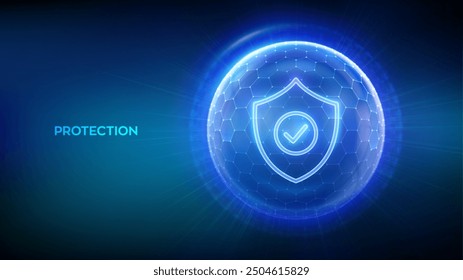 Protección. Sanidad. Seguro. Ciberseguridad. Seguridad de la red. Escudo de la protección con el icono de la marca de verificación dentro del escudo transparente de la esfera con el modelo del hexágono en fondo azul. Ilustración vectorial.