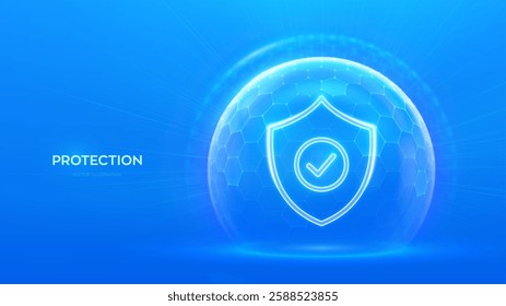 Protection. Healthcare. Insurance. Cyber security. Network safety. Protection shield with Check mark icon inside transparent sphere shield with hexagon pattern on blue background. Vector illustration.