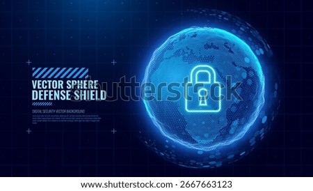Protection Hexagon Shield Globe Earth Planet 3D Sphere. Cyber Security and Network Safety Concept. Healthcare Insurance Shield. Data Privacy. Digital Technology Vector Illustration.