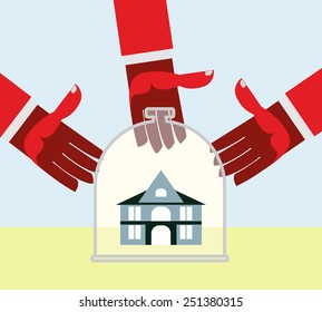 Protection at home. Red hands.